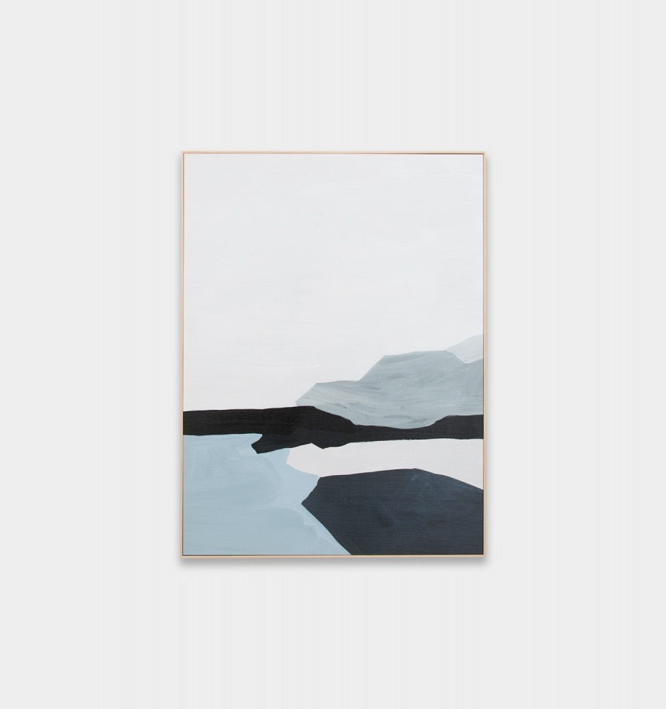Tranquil Coastline Blue Framed Canvas